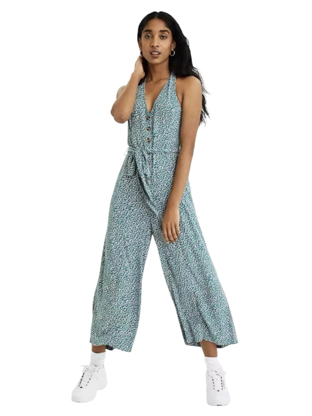 American Eagle Green White Ditsy Floral Print Halter Jumpsuit One Piece Size XS